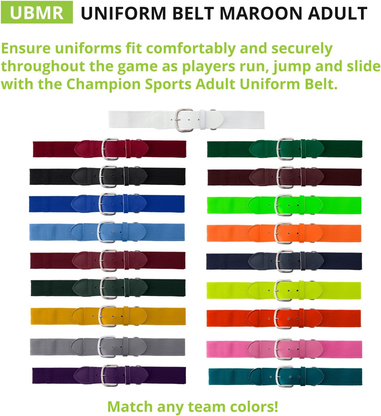 Champion Sports Baseball/Softball Uniform Belt, Comfort Stretch Fit Durable Syntex Tab - Youth & Adult Sizes, Multiple Colors