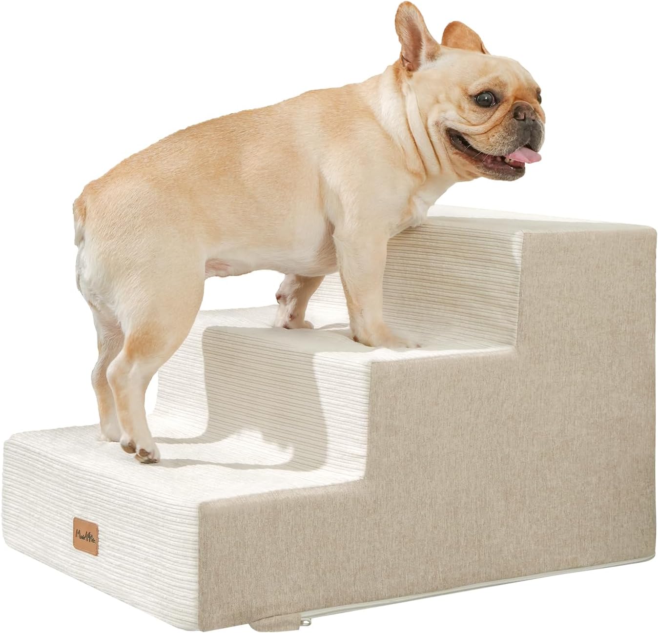 Made4Pets Dog Stairs for Small Dogs, Extra Wide Dog Steps for Bed Couch Sofa and Chair, 35D Foam Pet Steps for Small Dogs and Cats, Non-Slip Bottom Pet Stairs, Beige, 3 Steps