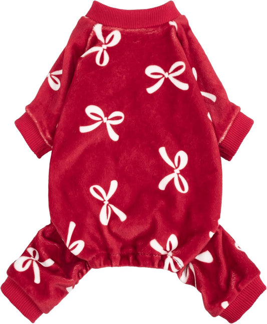 Fitwarm Bowknot Dog Pajamas, Warm Clothes for Small Dogs Girl, Fleece Pet Onesie with Feet, Burgundy Red, White, XXL