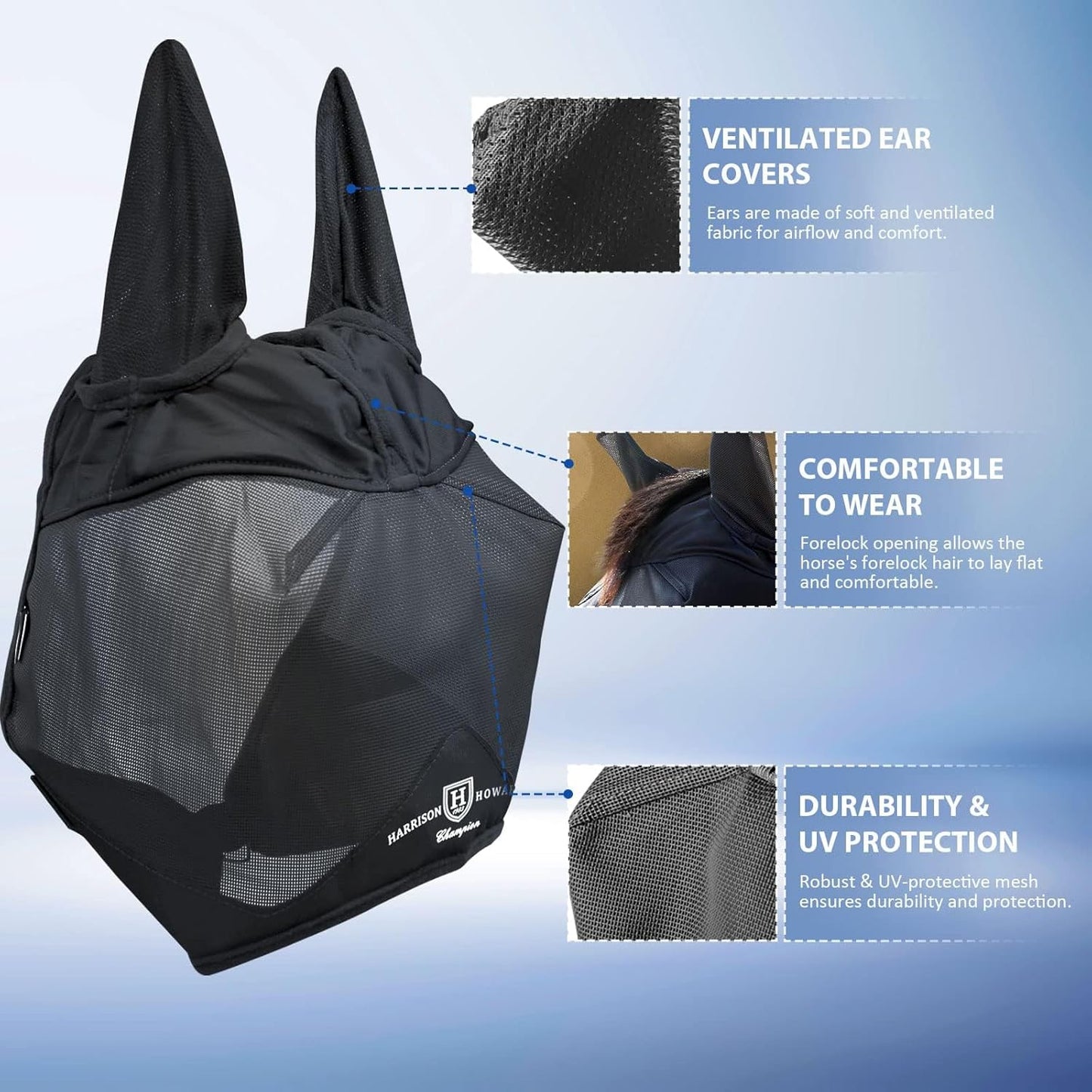 Harrison Howard UV-proof Multi-Function Fabrics Thick Fleece Padding Horse Fly Mask Half Face with Ears Black Horse Large