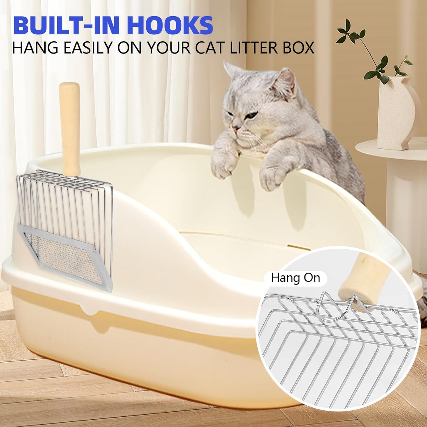 Litter Scooper, Metal Litter Scoop, Pooper Scooper with Wooden Handle, Cat Litter Scoop, Metal Scooper & Speed Sifter Deep Shovel Scoop Filter,Kitten Pooper Lifter for Litter Box