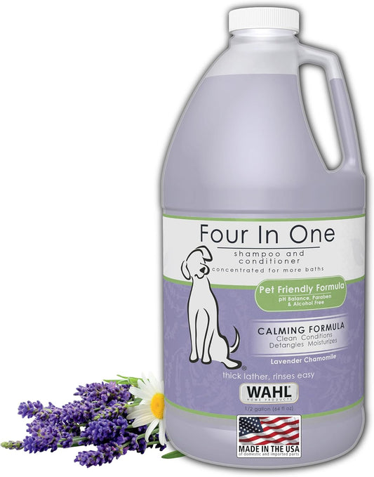 Wahl USA 4-in-1 Calming Pet Shampoo for Dogs with a Lavender Chamomile Scent – Cleans, Conditions, Detangles, & Moisturizes - Pet Friendly Formula – 64 Oz - Model 821000-050