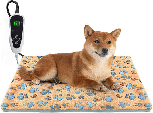 Dog Heating Pad,28×18 in Waterproof PVC Pet Heating Pad, Adjustable Thermostat+Constant On Function, Metal Protective Tube Comes with a Plush Cotton Sleeve，Whelping Box-Apricot