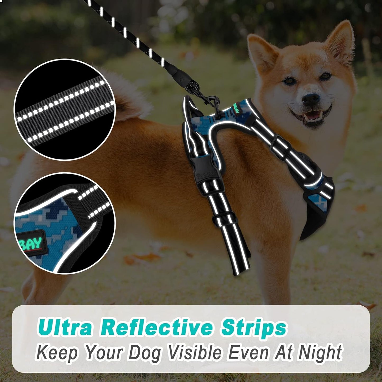 BARKBAY No Pull Dog Harness Large Step in Reflective Dog Harness with Front Clip and Easy Control Handle for Walking Training Running(Blue camo,S)