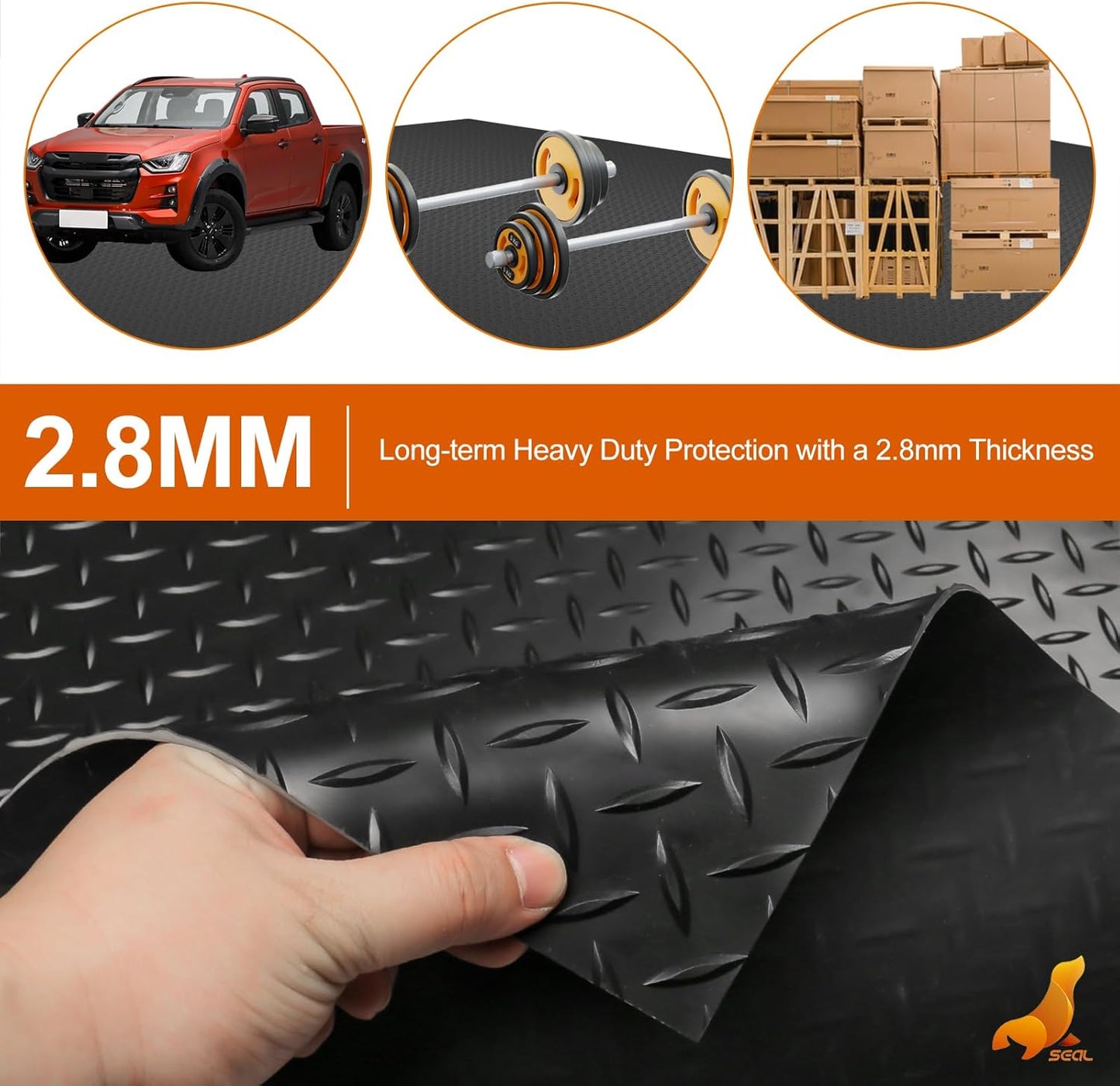 SEAL 4 x 10 Ft Premium Garage Floor Mat, Solid 2.8mm Thickened Black Commercial Grade Heavy Duty Parking Mat for Garage Floor, Golf Cart, Water/Stain Resistant Floor Runner (Embossed Diamond Plate)