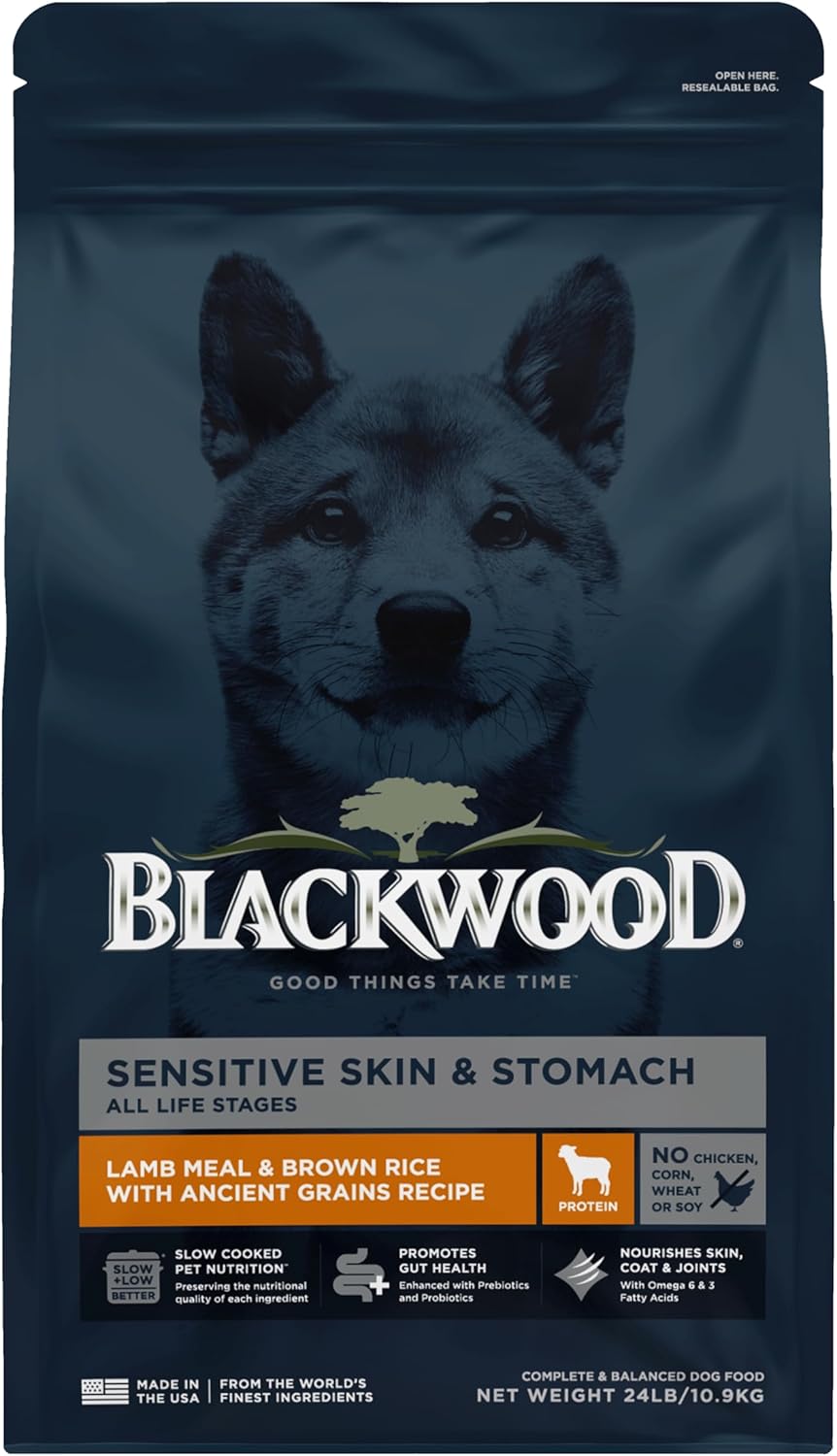 Blackwood Sensitive Skin & Stomach Dry Dog Food, Lamb Meal & Brown Rice with Ancient Grains, 24 Pound Bag with Prebiotics & Probiotics to Promote Gut Health