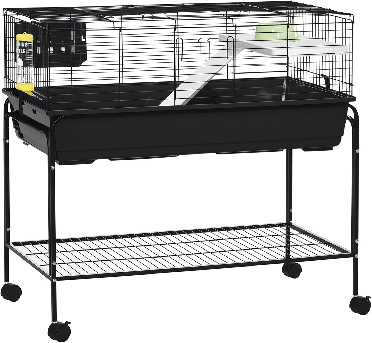 PawHut Two-Story Small Animal Cage Removable from Stand, Guinea Pig Cage with Shelf & Wheels, Pet Habitat for Hedgehog, Chinchilla, Ferret, 39" x 20.5" x 36.5", Black