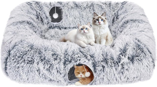 Extra Large Cat Tunnel Bed, 4 Ways Tunnels for Indoor Cats, Multi-cat Family Peekaboo Cave & Cat Bed, Plush Cat Donut with Washable Middle Mat, Exit Balls, Pet Play Toy for Kitten Puppy Rabbit