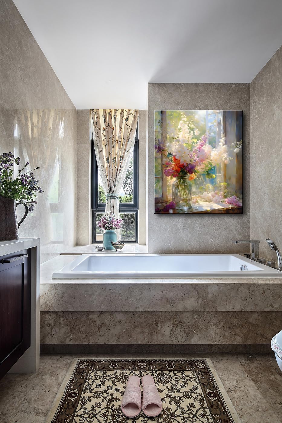 Colorful Flower Framed Canvas Wall Art, Watercolor Floral Bathroom Wall Decor, Spring Nature Wall Painting, Multicolor Botanical Art Print for Living Room, Bedroom, Office - 12X15