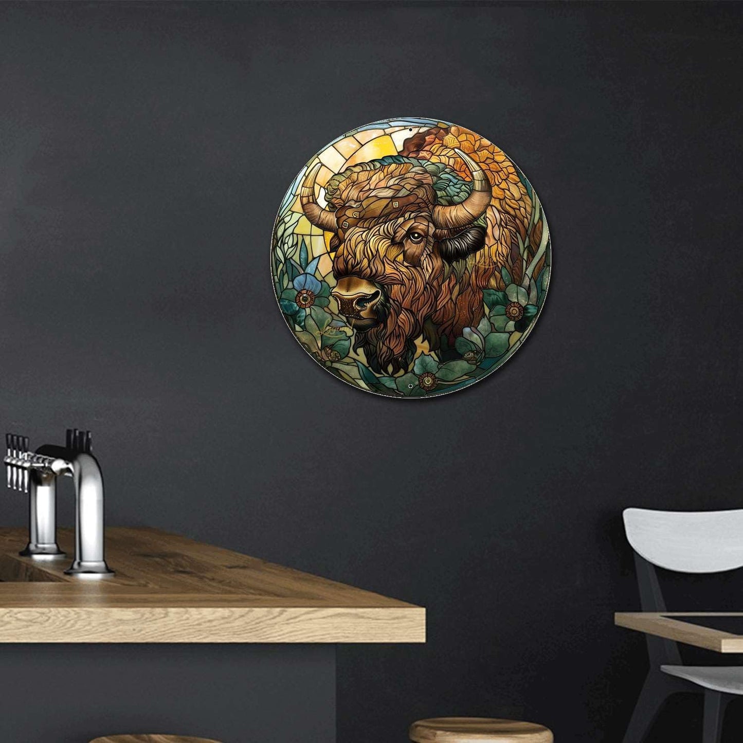 Lygond Metal Sign Tin Sign Circular Stained Glass American Bison Greenhouse Decor for Restaurant 8×8 Inches