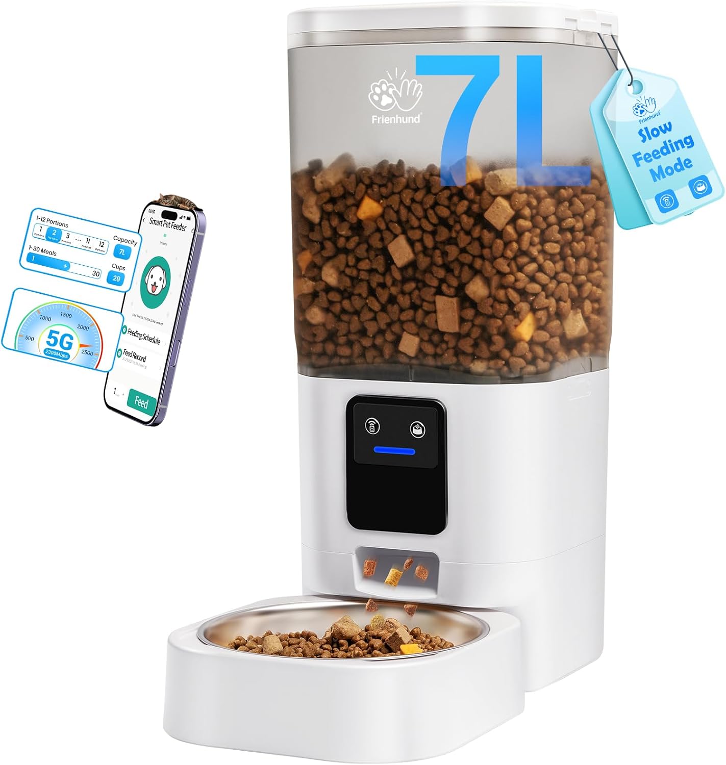 Automatic Cat Feeder with Slow Feed: 5G WiFi Automatic Dog Feeder with Smart APP Control, Auto Cat Food Dispenser with Alexa for Multiple Pets, Detachable for Easy Cleaning - 29 Cup（7L）