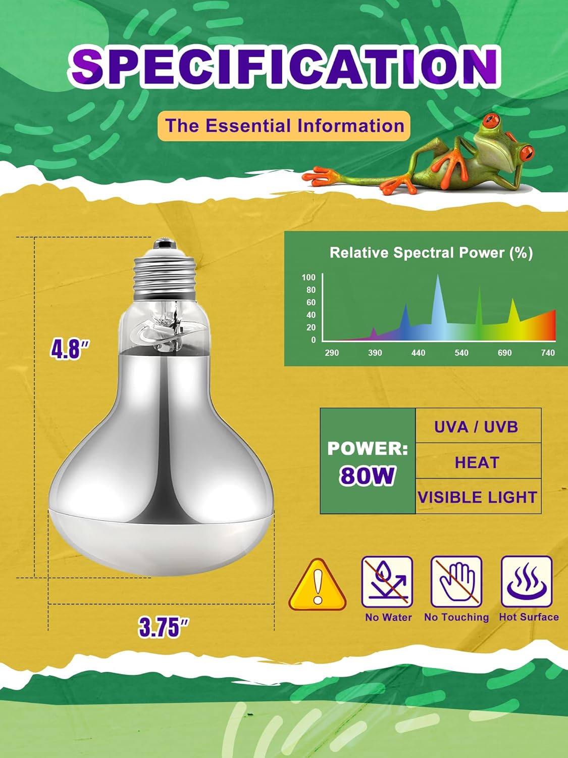 Heat Lamp Bulb, 80 Watt Full Spectrum UVA UVB Reptile Heat Bulb, Basking Spot Light, Simulate Natural Sun Light for Reptile and Amphibian