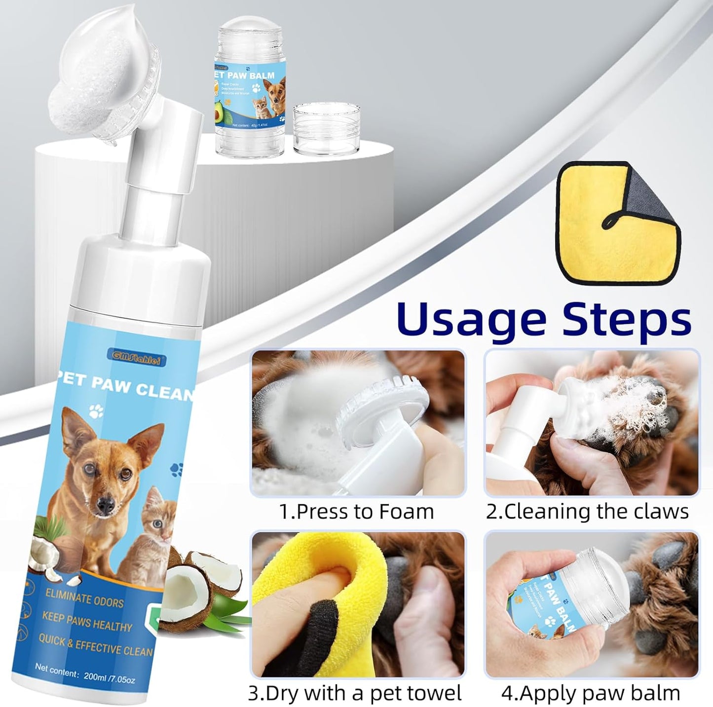 Dog Paw Care Kit,No-Rinse Paw Cleaner for Dogs & Cats,Dog Paw Balm for Heals -Repairs Dry Cracked Paws & Nose with 1 Pet Cleaning Towels,Natural Dog Paw Protector for Pet Foot Washer Care
