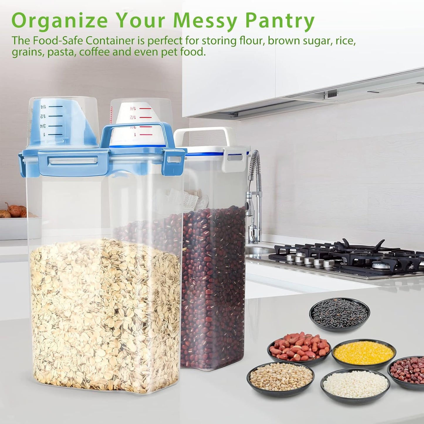 Rice Airtight Storage Container, 3 to 5Lbs Cereal Dry Food Flour Bin, Pet Dog Cat Food Dispenser with Measuring Cup, BPA Free Clear Plastic Kitchen and Pantry Organization Bin for Sugar, Pasta