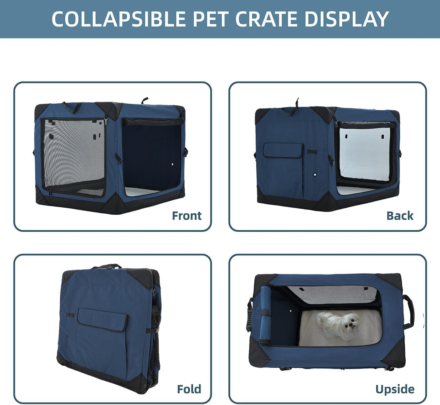 36 Inch Collapsible Crate for Large Dogs, 4-Door Foldable Soft Kennel with Chew Proof Mesh Windows for Indoor & Outdoor Travel,Navy Blue