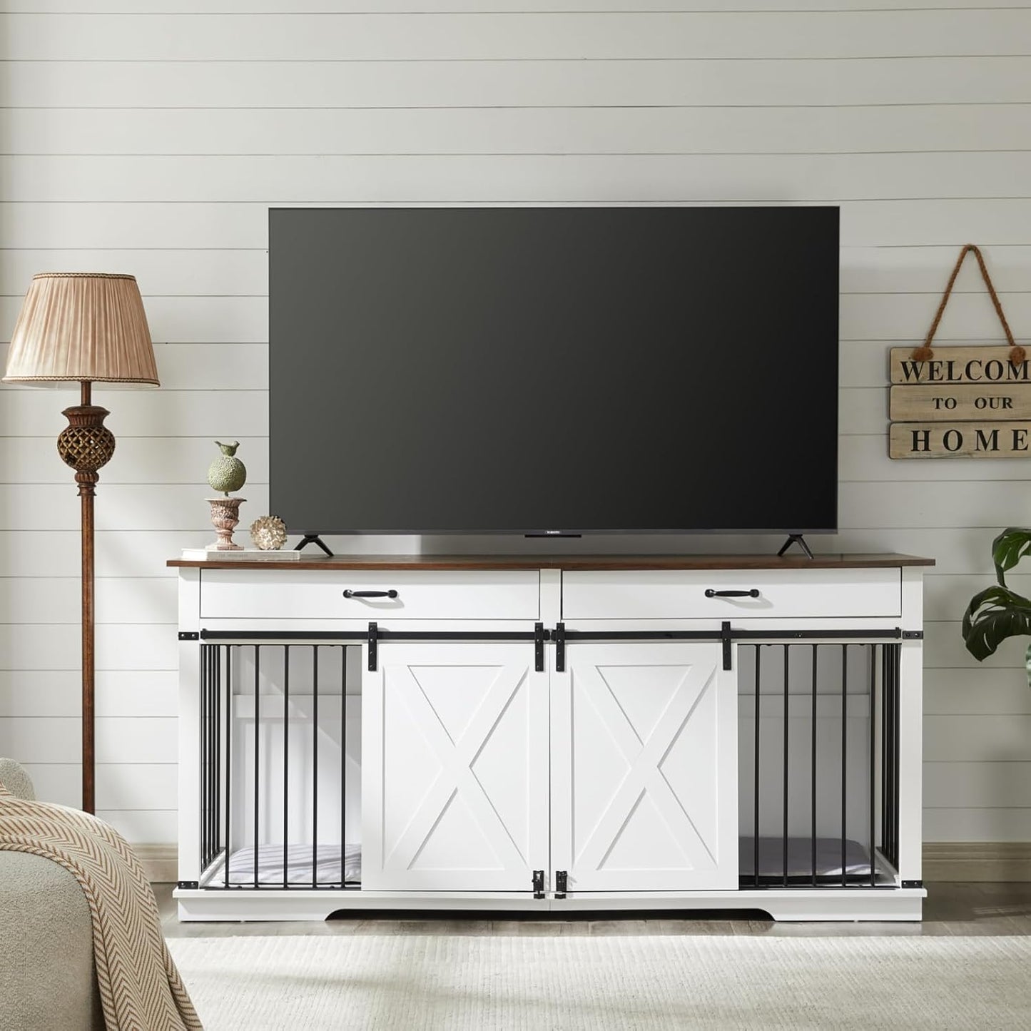 EDYO LIVING 72.5" Large Dog Crate Furniture for 2 Dogs, Wooden Dog Kennel with Drawers, Divider, Sliding Barn Door, Water Resistant Indoor Furniture Style Double Dog Crates, White