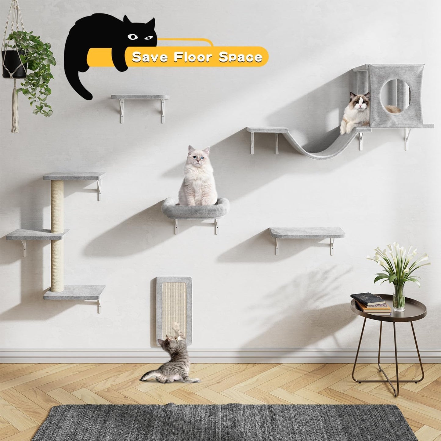 NUNU LAB Cat Wall Shelves, 6 Pcs Luxury Wall-Mounted Cat Climber Set, Indoor Cat Furniture with 1 Condos House, 2 Cat Wall Shelves, 1 Scratching, 1 Bridge Ladder, 1 Scratching Pad, Gray