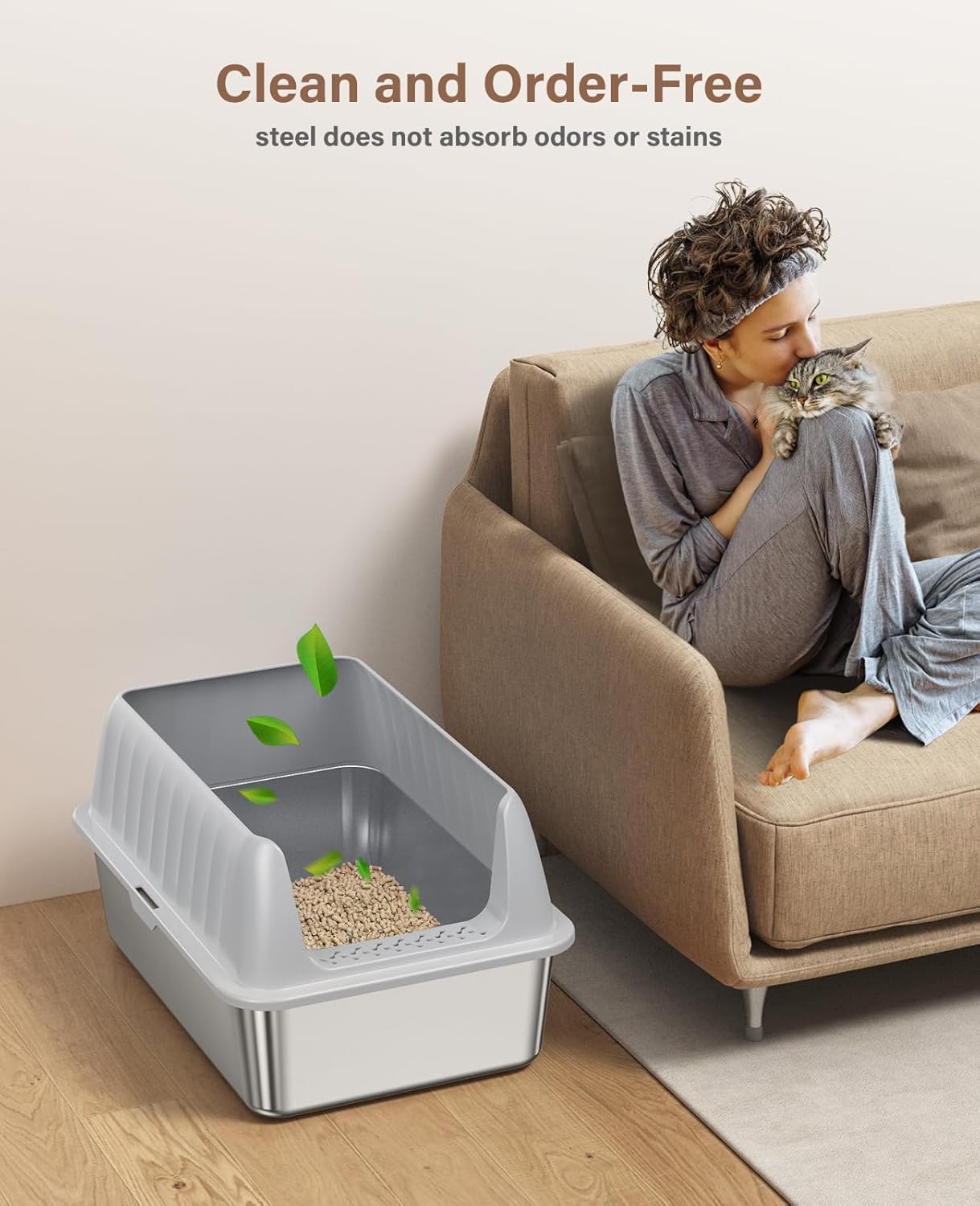 Cat Litter Box Stainless Steel XL with Lid, Enclosed Metal Extra Large Litter Box Pan High Sided with Scoop for Big Cats, Non-Sticky, Anti-Urine Leakage, Easy Cleaning