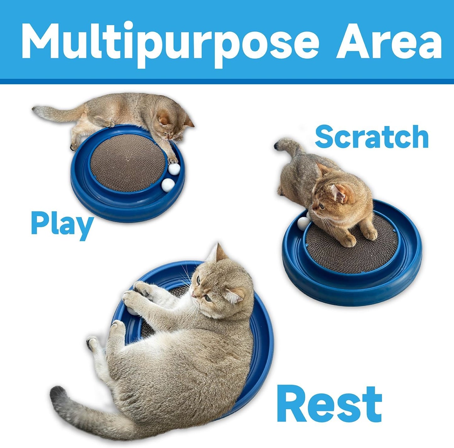 Interactive Cat Ball Track Toy for Indoor Cats, Cat Scratching Board & Exercise Set for Bored Indoor Adult and Kitten Mental & Physical Stimulation, with Spare Ball to Prevent Loss (Blue)