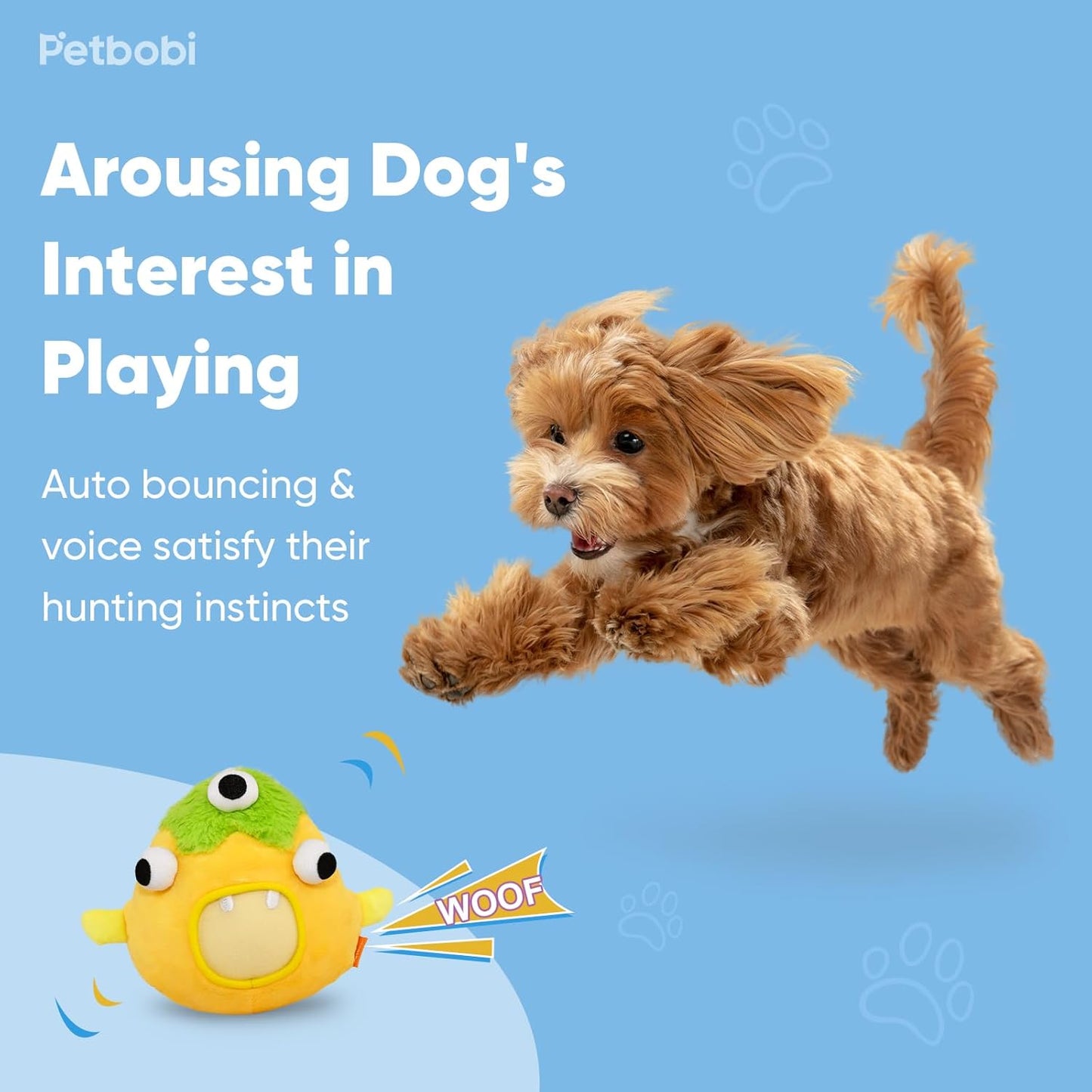 Petbobi Interactive Dog Toys for Boredom - Moving Dog Toy for Stimulating Play, Pet Plush Squeaky Ball for Small Medium Breeds with 4 Batteries, Sunny Boy Bobby