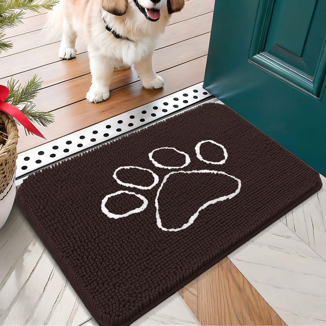 OLANLY Door Mat for Muddy Dog Paws 24x16, Ultra Absorbent Chenille Mud Doormat with Paw Print Design, Non-Slip Washable Doormat for Indoor Entryway, Quick-Dry Pet Bed Mats for Dirty Dogs, Brown