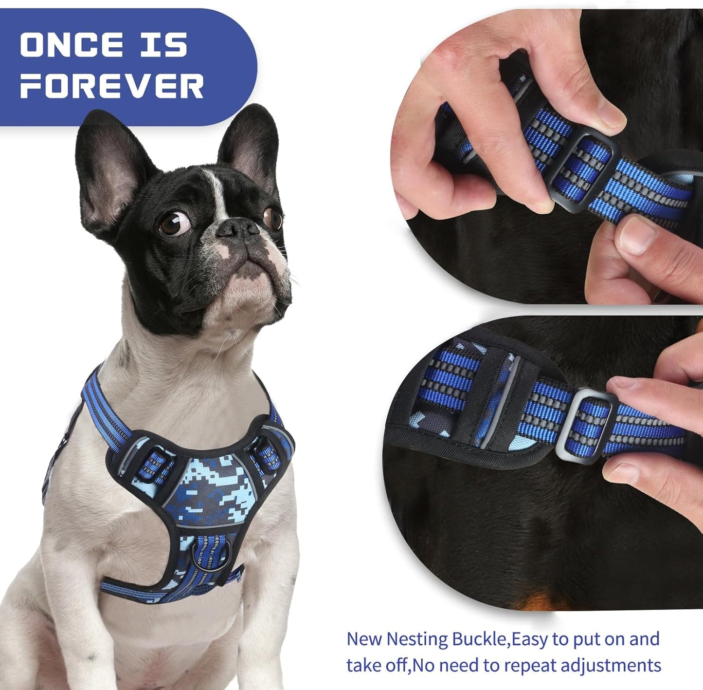 BUMBIN Dog Harness for Large Dogs, No Pull Adjustable No Choke Pet Vest with Dog Leash Fit Smart Reflective Pet Walking Harness for Training Easy Control Soft Handle Blue Camo M