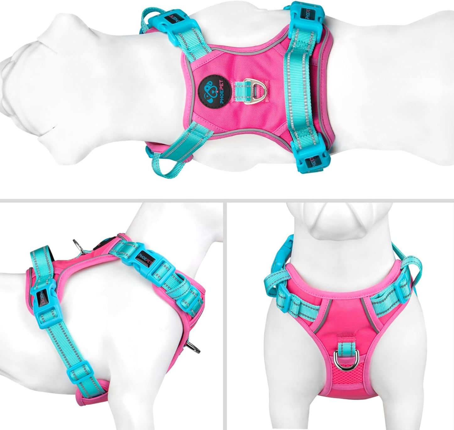 PHOEPET No Pull Dog Harness, Unique Colors Reflective Adjustable Dog Vest, with Soft Training Handle Metal Clips for Small Medium Large Dogs (Pink Base & Green Straps,M)