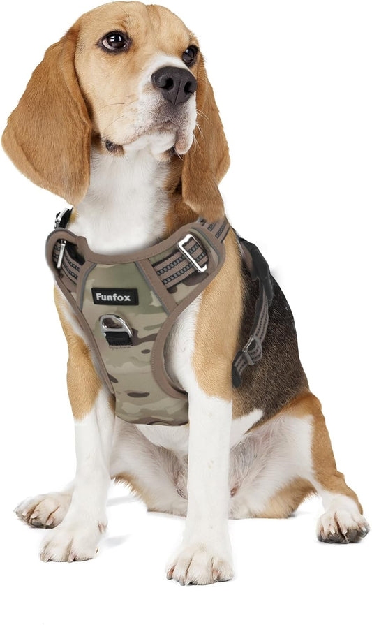 Funfox Dog Harness No Pull, Adjustable Pet Vest Harness, Super Soft Material with Vertical Handle Easy Control, Reflective Night Walking, 2 Leash Clips for Medium Sized Dogs, Camo Brown, M