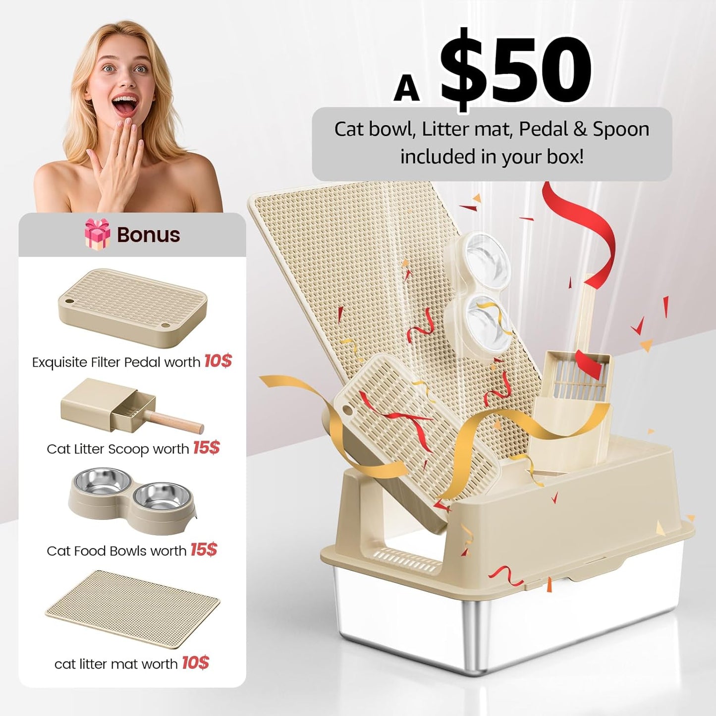 Stainless Steel Cat Litter Box - Enclosed XL Metal Kitty Litter Box with Lid for Big Cats, High Sided, Anti-Leakage, Easy Cleaning, Non-Sticky, Included Spoon & Aisle (Khaki)