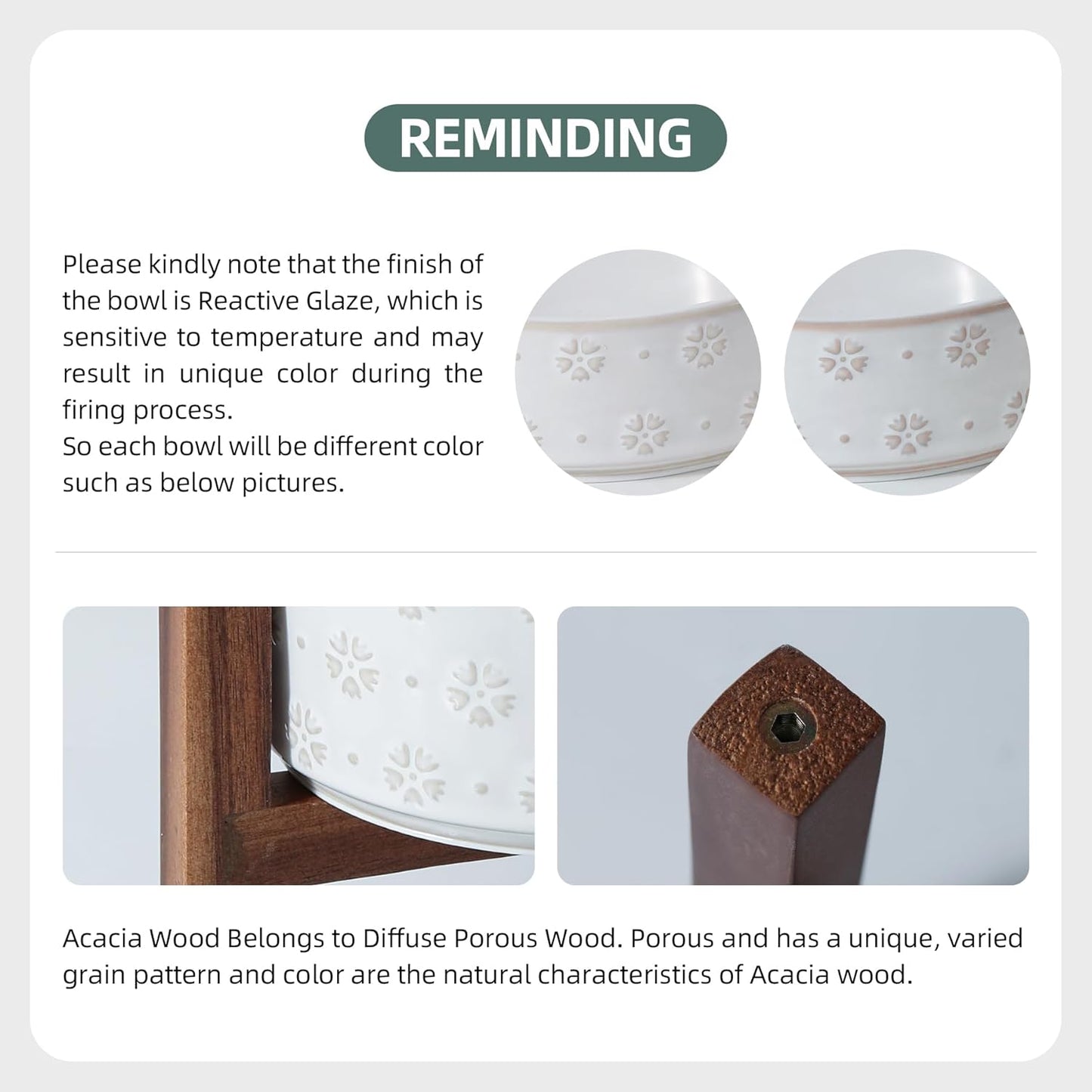 Ceramic 5.1inch Raised Double Bowls Set with Acacia Wood Stand, 2 Heights Elevated, Food & Water Bowls for Puppy, Kitty, Cats(13.5oz, Arctic White)