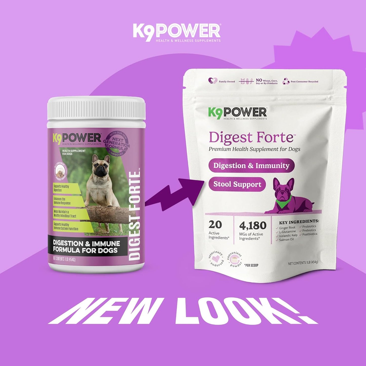 K9 Power Digest Forte for Dogs 1lb – Digestive, Immunity & Calming Support - Enhances Nutrient Absorption - Balances Gut Flora - Eases Discomfort & Boost Mood - Pack of 2