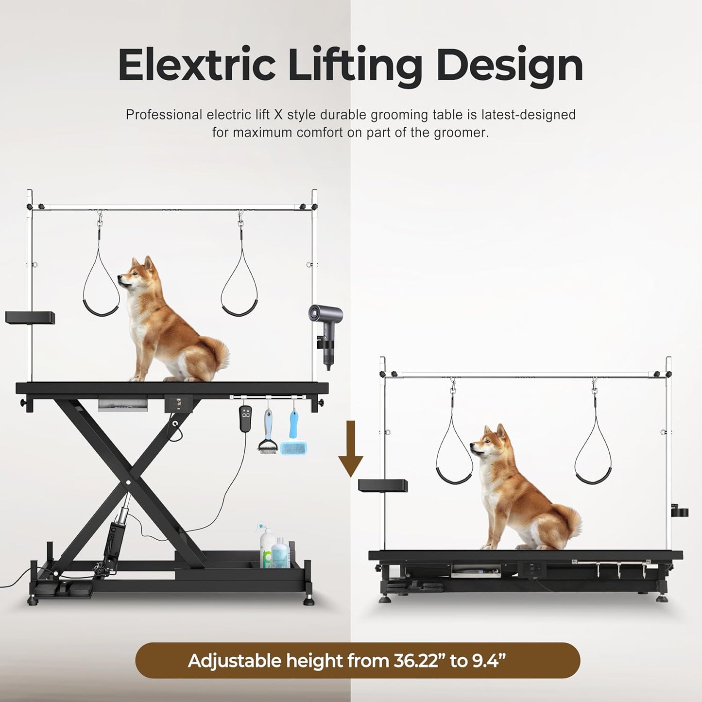 Electric Pet Grooming Table for Large Dogs - Professional Heavy Duty Height Adjustable Pet Grooming Station with Anti Slip Tabletop, Two Nooses & Tool Organizer, Maximum Capacity Up to 250 lbs Black