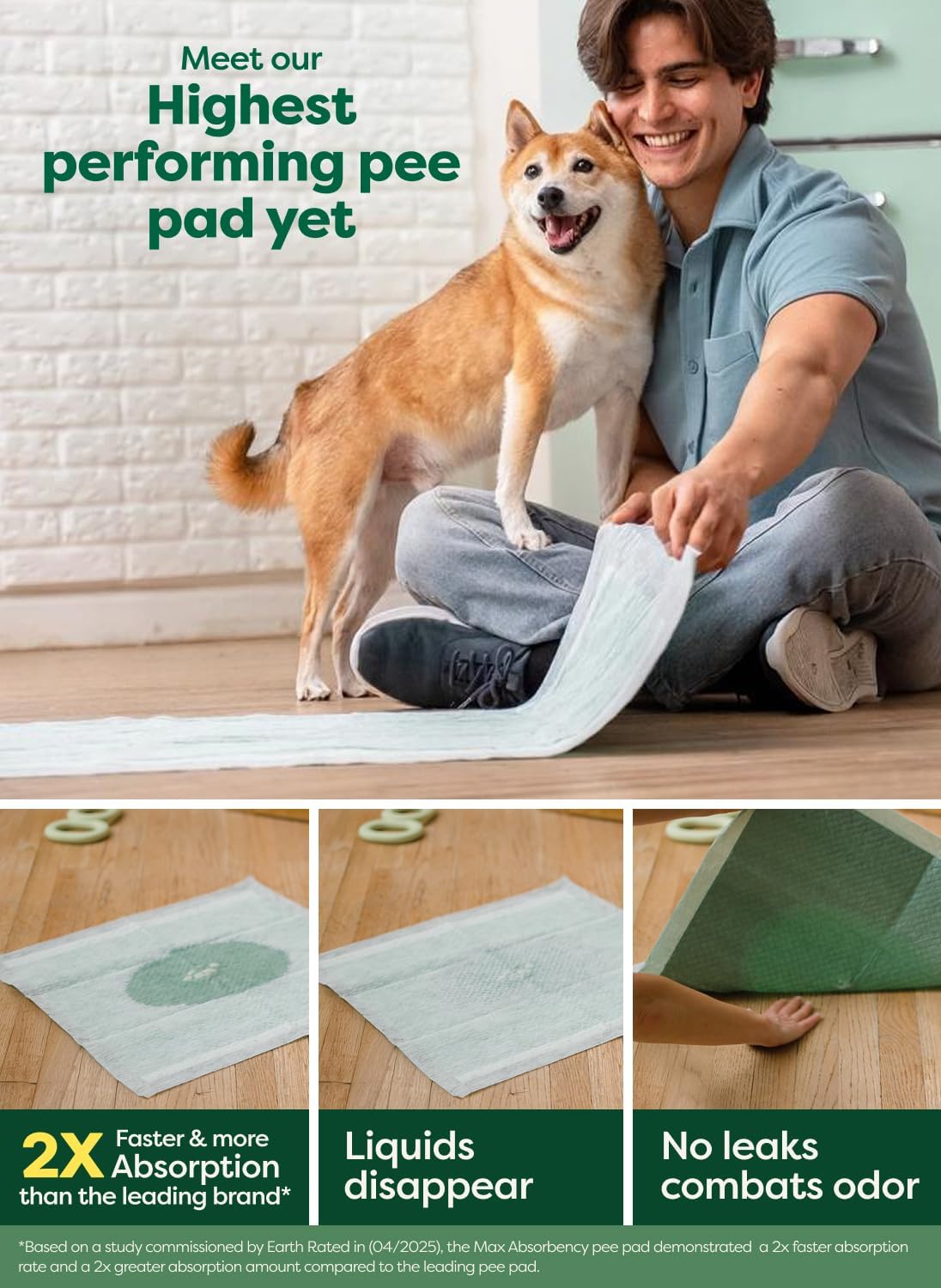 Earth Rated Max Absorbency Puppy Pee Pads for Dogs Absorbs 2X Faster & 2X More, Leak-Proof Odor-Free Potty Training Wee Wee Pad, Unscented, 3XL, 36” x 36”, 24 Count