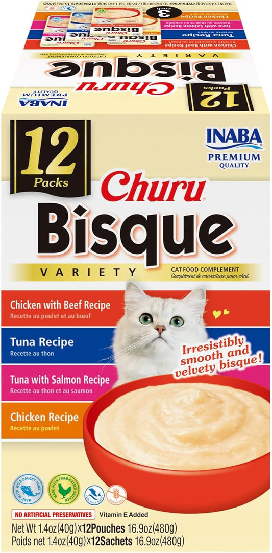 INABA Churu Bisque for Cats, Creamy Lickable Purée Side Dish with Vitamin E, 1.4 Ounces per Pouch, 12 Pouches, Tuna & Chicken Variety