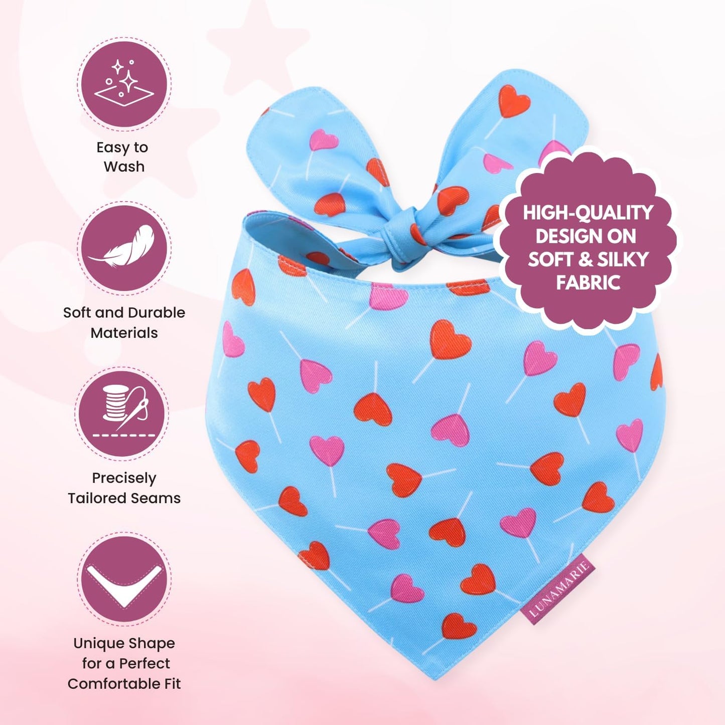 LunaMarie - Luxury Pet Birthday Bandanas -Premium & Silky Poly Fabric | 100% Handmade | Custom Shape Dual Layered (LoviePop, Small)