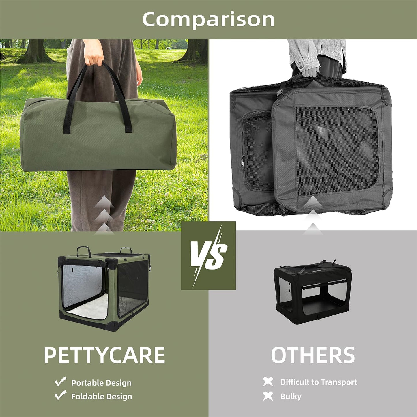 Pettycare Portable Travel Dog Crate 4-Door Soft Sided 42 Inch Collapsible Dog Crate with Curtains Durable Mesh Foldable Pet Kennel Soft Crates for Large Dogs Indoor & Outdoor Olive Green