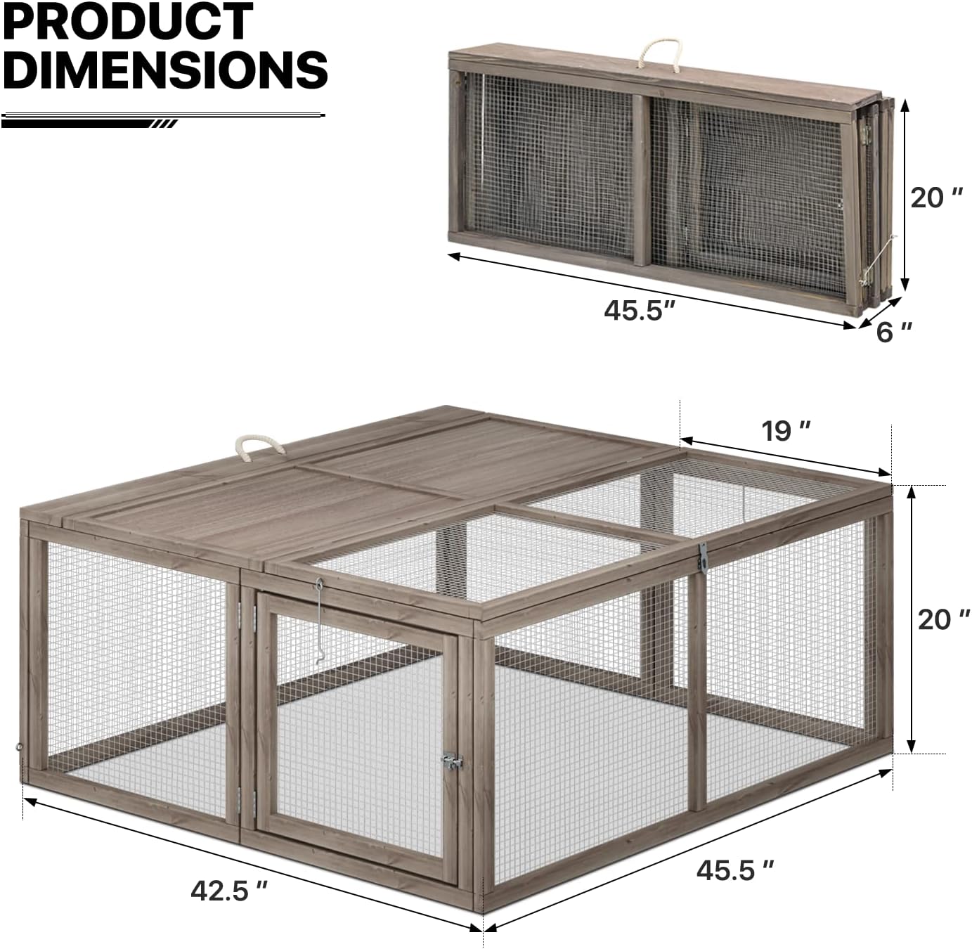 MoNiBloom Foldable Chicken Run Wood Chicken Coop Rabbit Hutch No Assembly Required Indoor/Outdoor Small Animal Nesting Box Portable Habitat Enclosure Spacious Pet Playpen 45.5 x 42.5 x 20 inch Grey