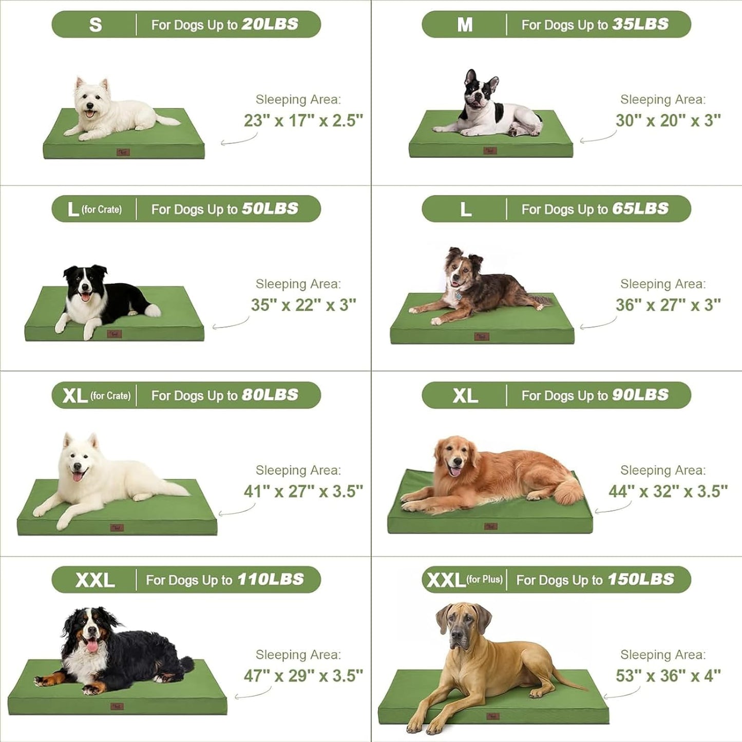 Outdoor Extra Large Dog Bed for Big Dogs, Waterproof Dog Bed for Large Dogs, Egg Crate Foam XL Pet Bed with Removable Washable Oxford Cooling Cover, Light Green