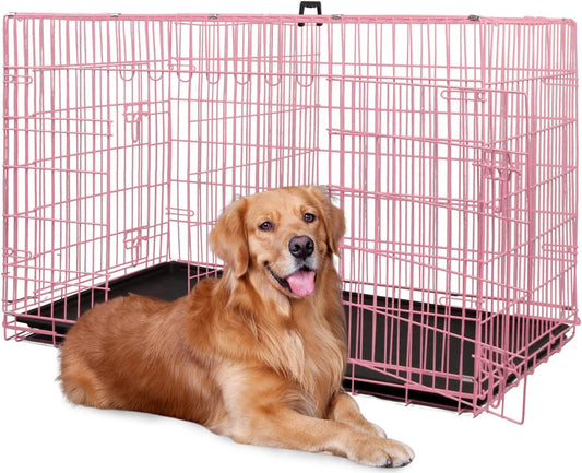 BestPet | Dog Crate | 48" | Pink | Foldable Metal Kennel with Double Doors, Secure Slide-Bolt Latches, Leakproof Tray | Portable Dog Cage for Large Breeds | for Travel, Indoor & Outdoor Use