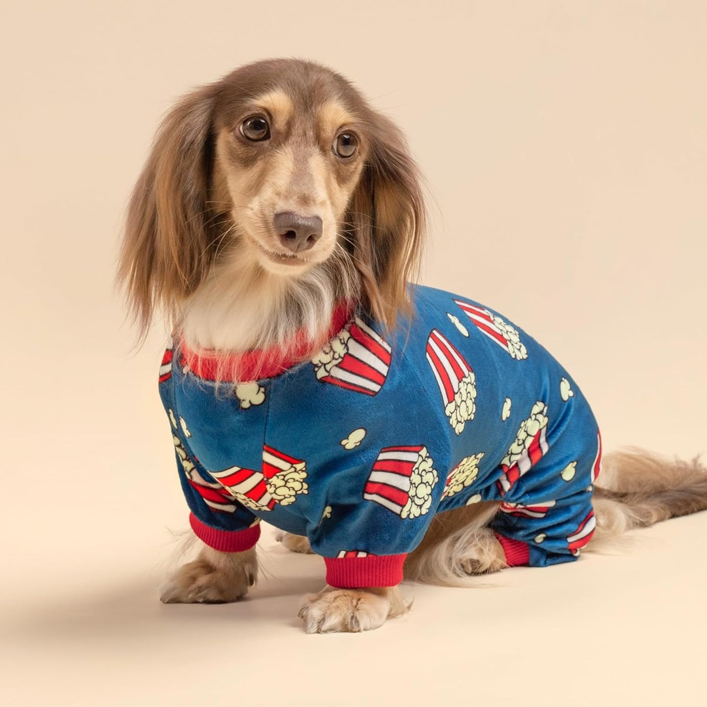 Fitwarm Popcorn Dog Pajamas, Funny Dog Clothes for Small Dogs Boy Girl, Fleece Pet Onesie with Feet, Blue, Red, White, Yellow, Medium