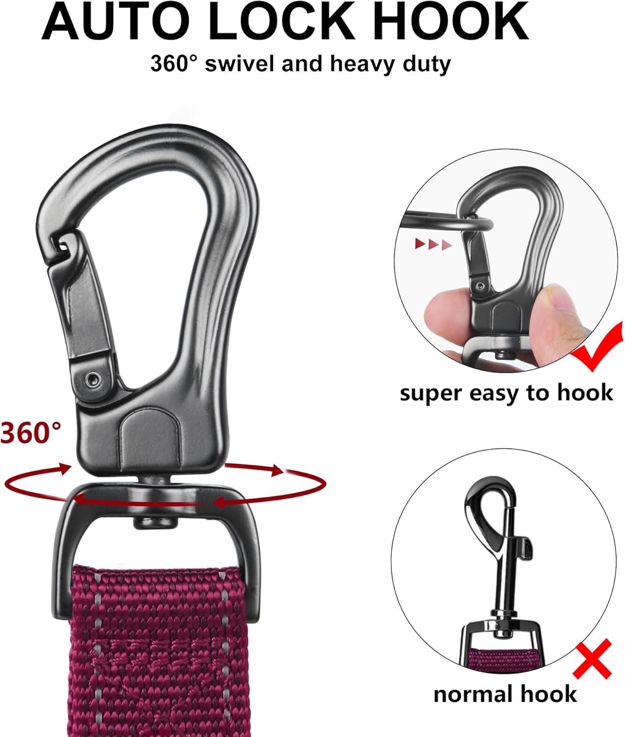 TwoEar 6FT 1IN Strong Rose Dog Leash with 2 Padded Handles, Traffic Handle Extra Control, Comfortable Soft Dual Handle, Auto Lock Hook, Reflective Walking Lead for Small Medium and Large Dogs