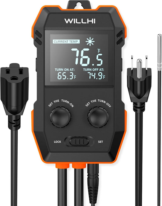 WH2408 Temperature Controller 10A 1200W, Digital Thermostat Controlled Outlet Plug Switch for Reptile Terrarium Greenhouse Homebrew Aquarium Seedling Mat, Heating or Cooling Mode (Pack of 2)