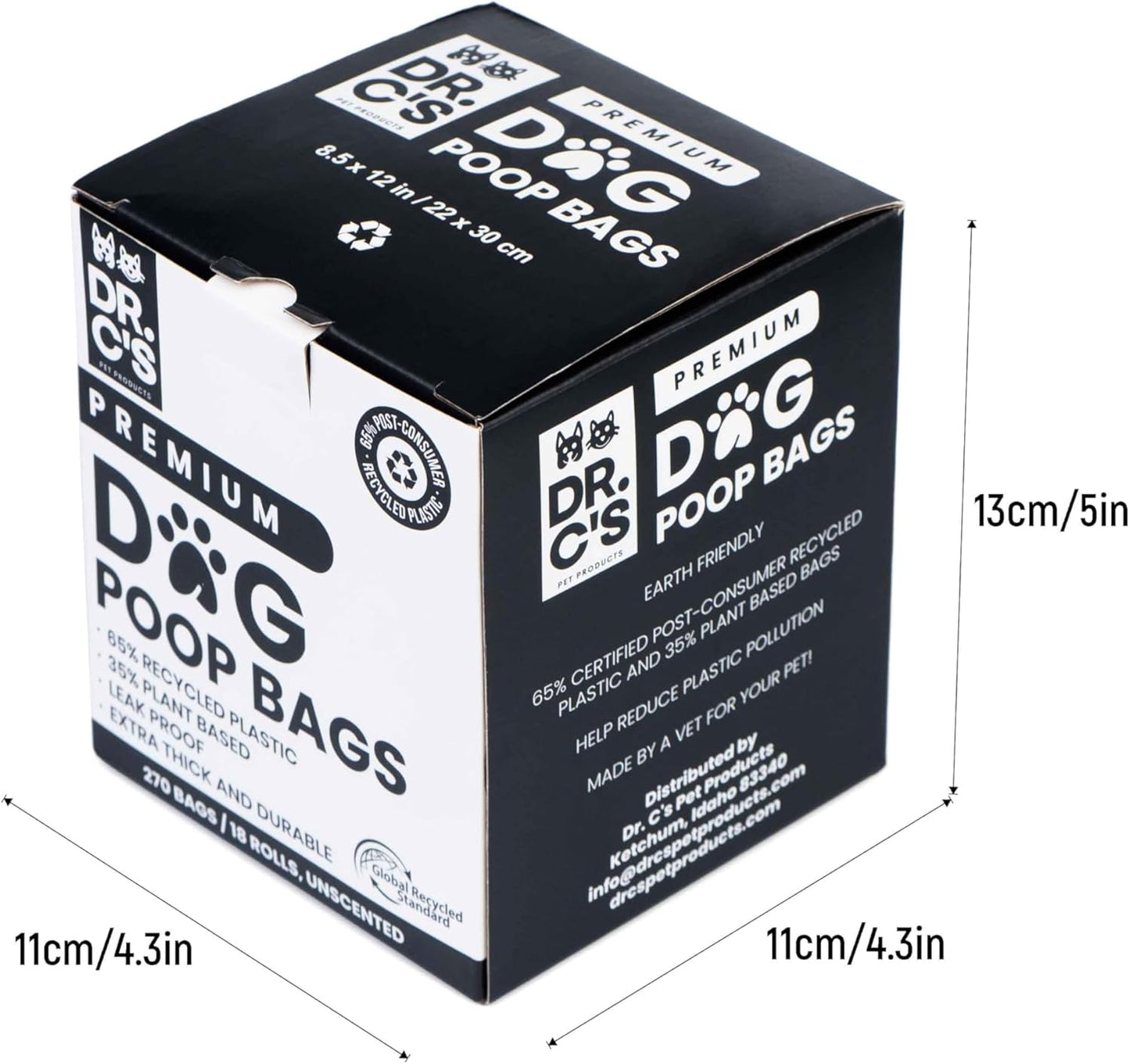 Certified 65% PCR (Post Consumer Recycled) Plastic and 35% Plant Based Dog Poop Bags - Dr. C's Premium Dog Poop Bags - 270 Bags / 18 Rolls, Extra thick, Leak Proof, Unscented, Earth Friendly
