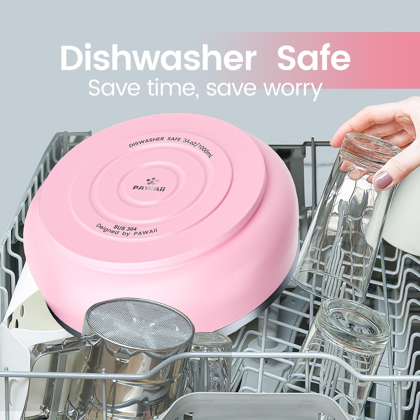 Pawaii Stainless Steel Dog Bowl with Non-Slip Rubber Base & Double Wall Insulation - Durable Design | Includes ID Tag | Dishwasher Safe Food & Water Bowl for All Dogs (34oz)