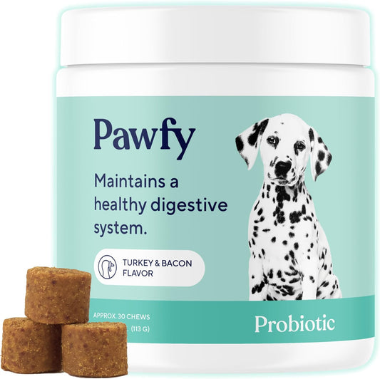 Pawfy Probiotics for Dogs | Supports Digestive Health, Diarrhea for Small, Large Dogs | Improves Gut Health | Anti Yeast Supplements | Skin Health Seasonal Allergies Support - 30 Chews (Bacon)