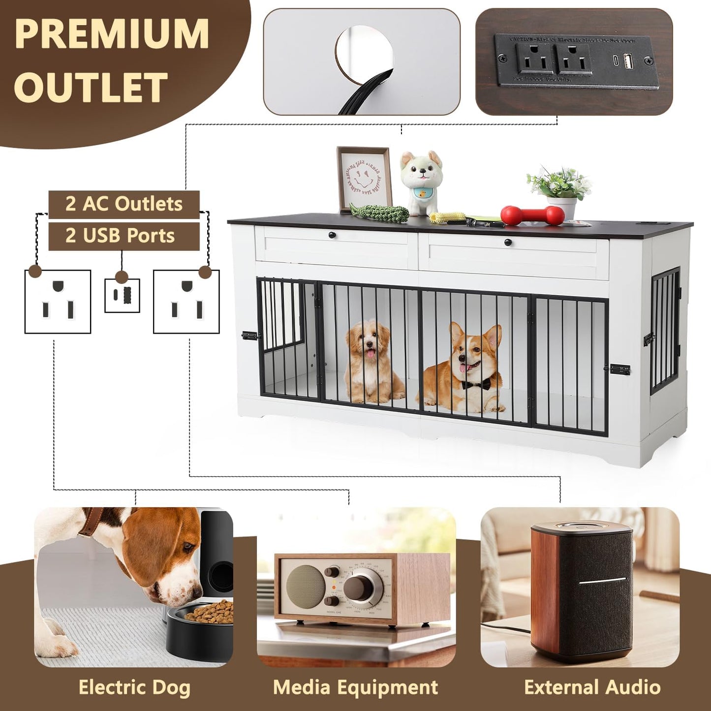 Large Dog Crate Furniture-Decorative Heavy Duty Dog Cage Indoor, Wooden Dog Cage End Table with Charging Station, Dog House with 2 Drawers (White, 70.86''L)
