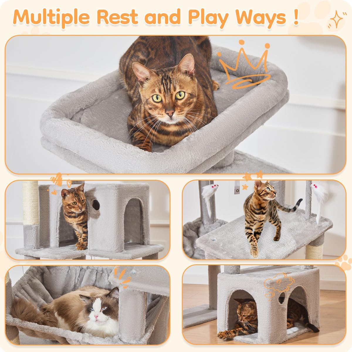 Taoqimiao 71 Inches Cat Tree for Indoor Cats Large Adult, Multi-Level Tall Cat Tower, 2 Cat Condo with 6 Scratching Posts, Super Large Hammcock, Cat Toys, Cozy Basket, Light Gray, MS037W