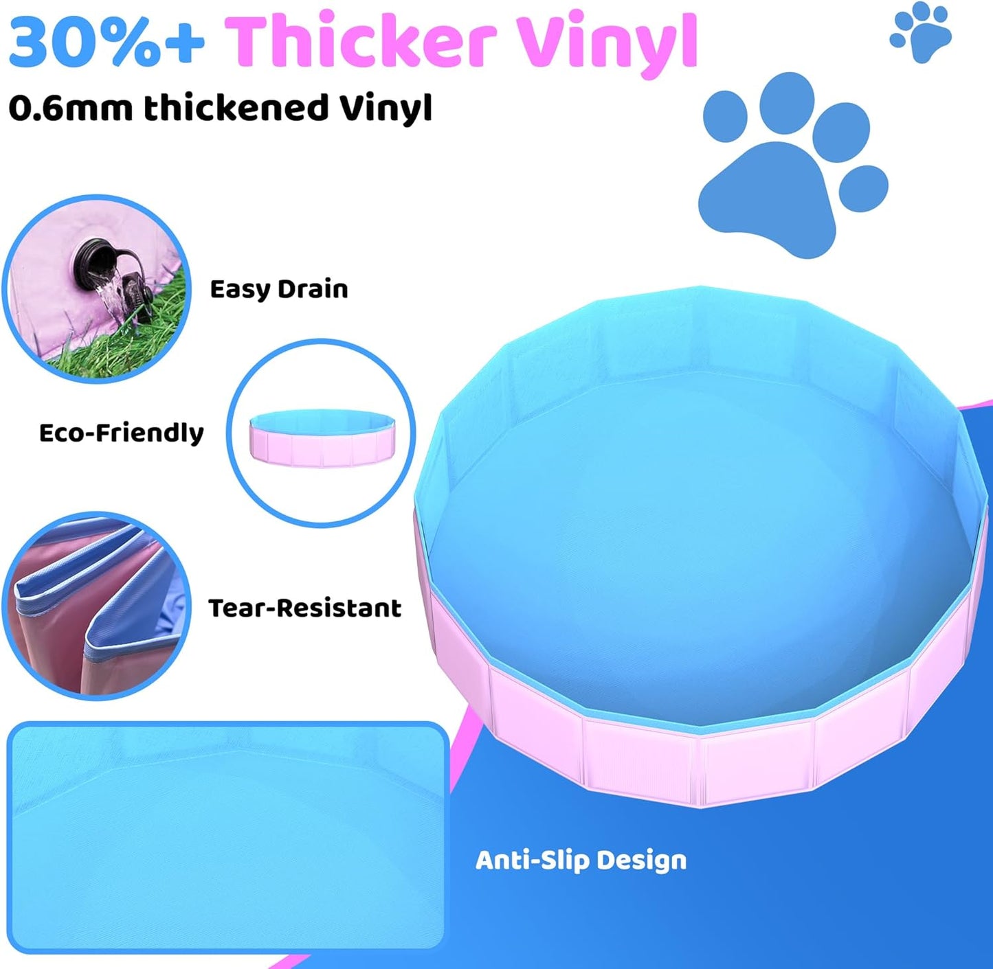 2025 Updated Foldable Dog Pool, 71" x 12" Kiddie Pool with Hard Plastic, Non-Slip Dog Bath Tub for Outdoor Backyard, Collapsible Dog Swimming Pool for Kids Dogs Pets (Pink)