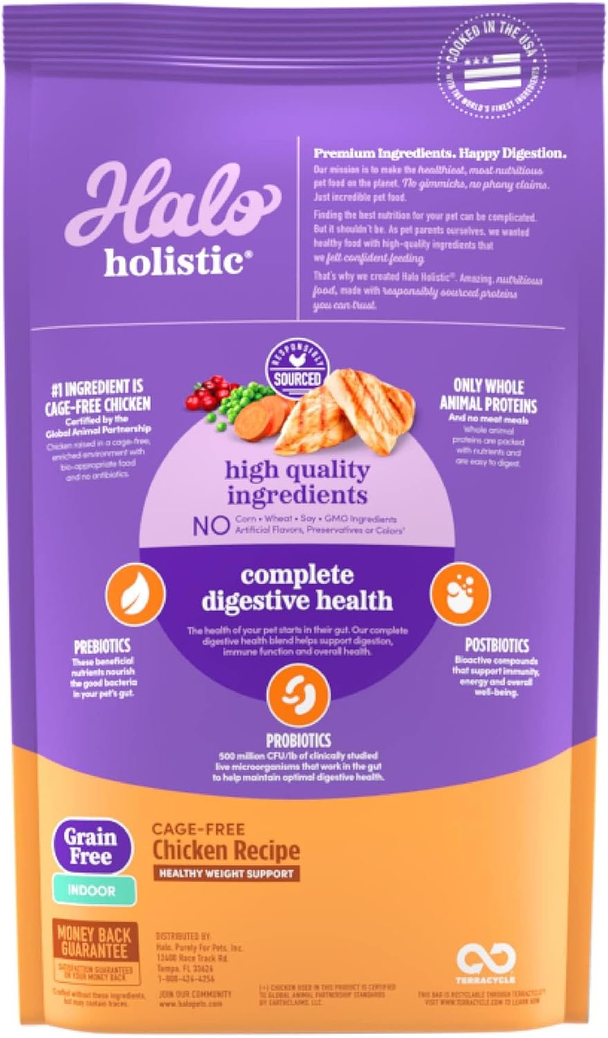 Halo Holistic Cage Free Chicken Cat Food, Grain Free Dry Cat Food, For Healthy Weight Support, Kibble for Indoor Cats, 10 lb Bag
