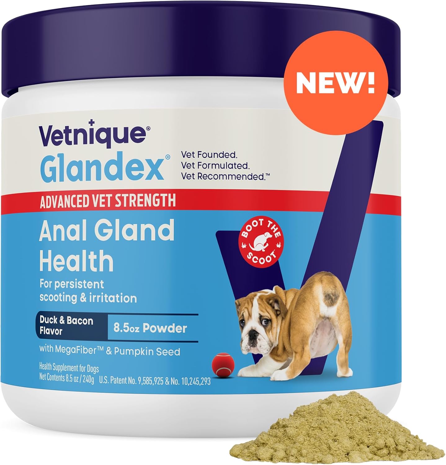 Glandex Dog Fiber Supplement Powder for Anal Glands with Pumpkin, Digestive Enzymes & Probiotics - (Regular or Advanced Strength) - Boot The Scoot (8.5 oz, Advanced Strength Duck & Bacon)